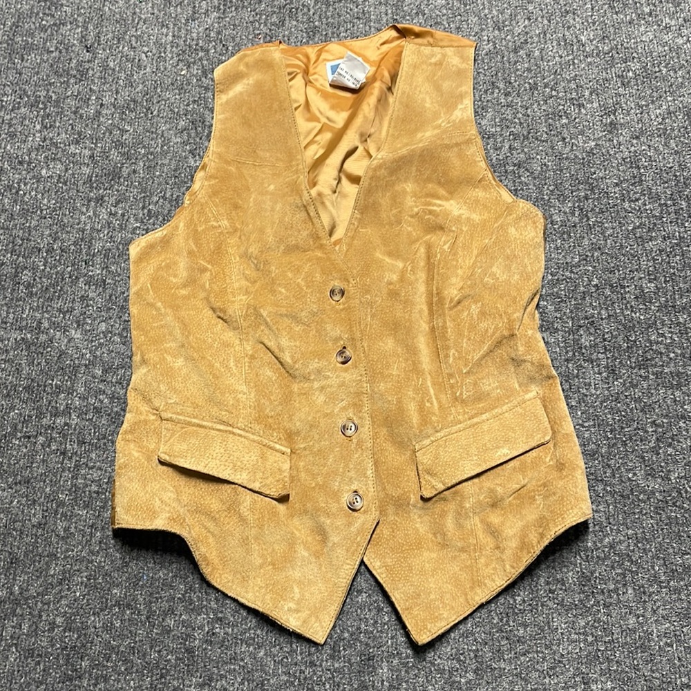 QPS genuine leather light tan suade button-up vest- small